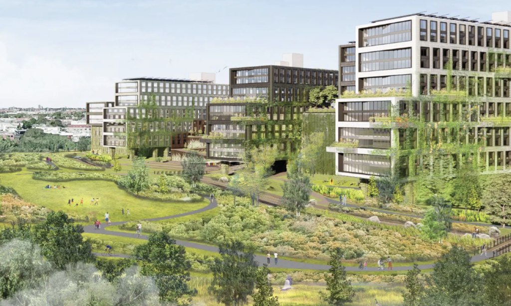 Rendering of proposed development and parkland. 